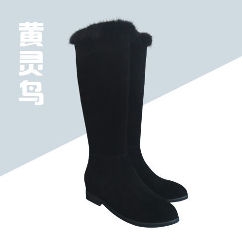 黄灵鸟 2017冬季新款中长款粗跟女靴7636 黑色 羊猄皮材质 