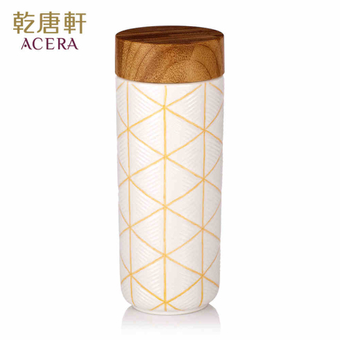 乾唐轩活瓷 菱形纹随身杯木纹盖双层250ml 创意陶瓷水杯子
