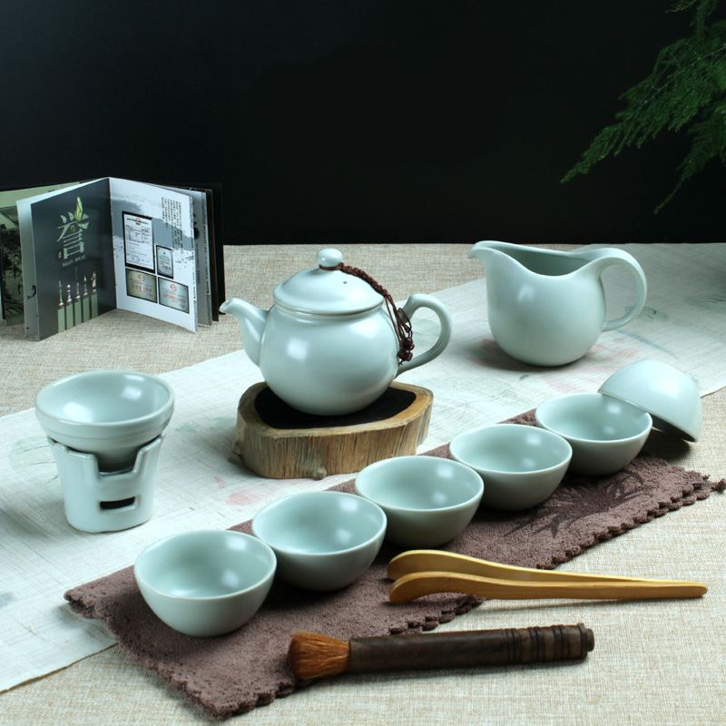 汝道 汝窑茶具套装 整套陶瓷功夫茶具 可养开片茶壶茶杯10入套装