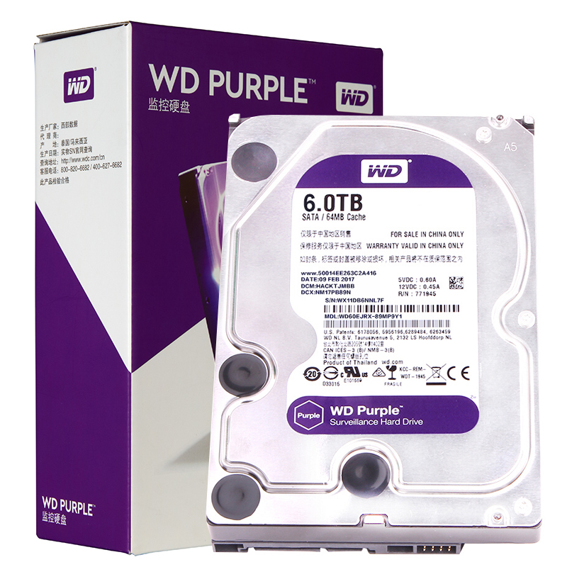 西部数据 WD 紫盘 6TB SATA6Gbs 64M 监控硬盘 WD60EJRX 