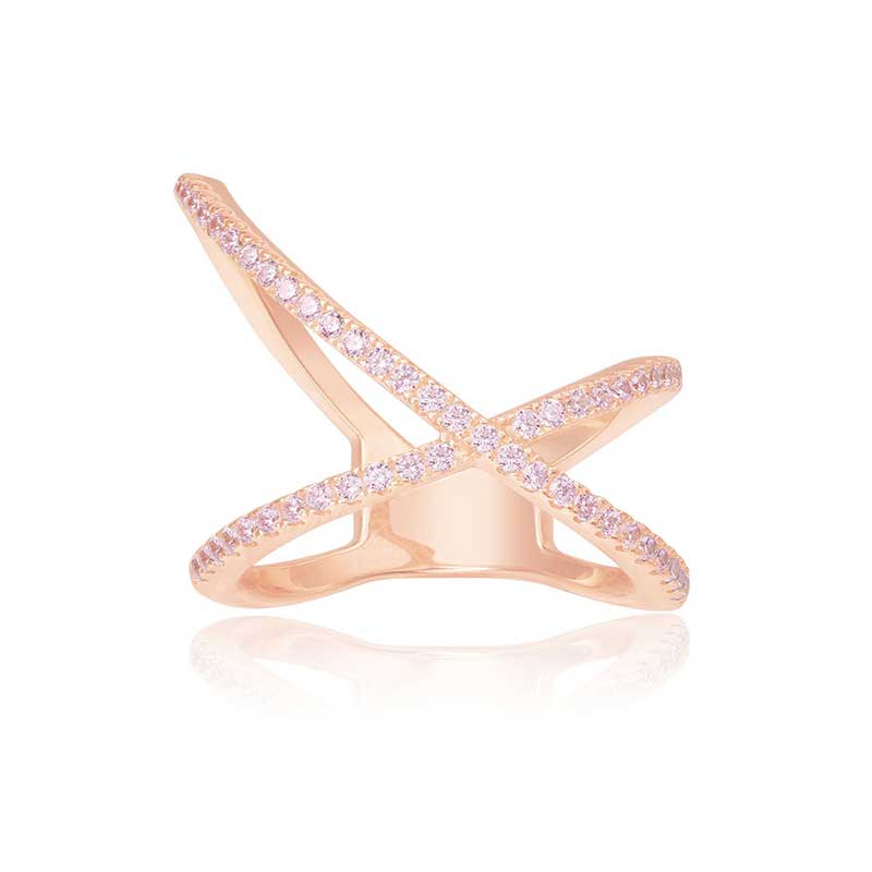 APM Monaco纯银镶晶钻粉色X型戒指