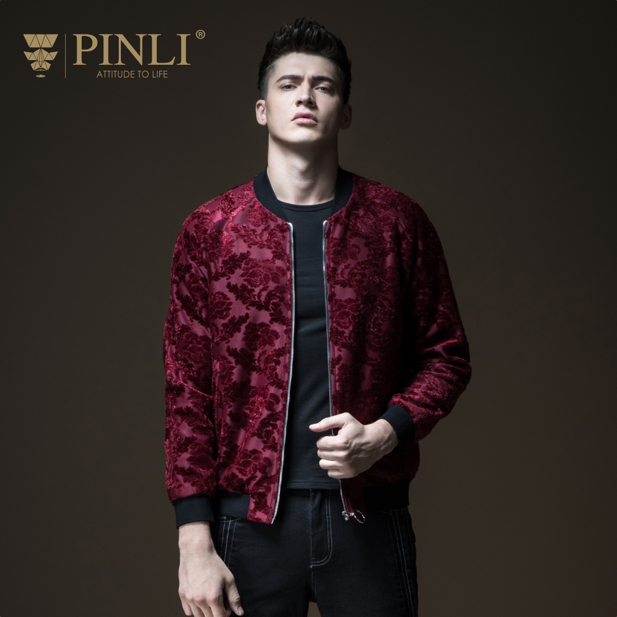 PINLI品立 2018秋季新款男装修身提花夹克外套棒球领潮流