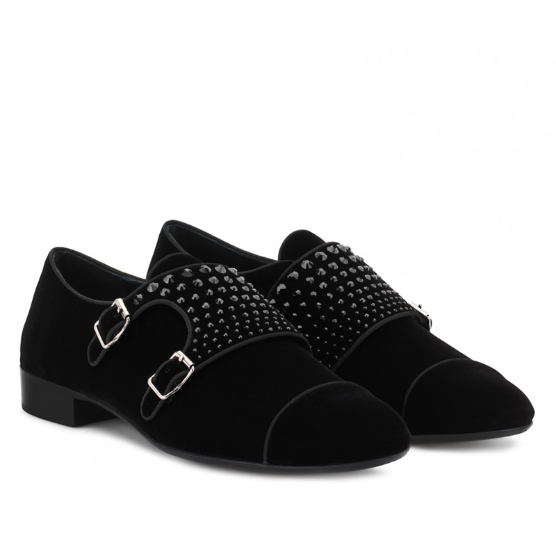 Giuseppe Zanotti 黑色水晶装饰黑色天鹅绒双搭扣鞋