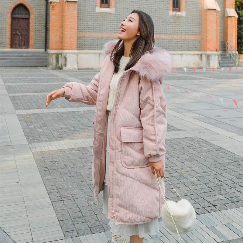 韩版学生棉袄毛领外套 中长款面包服 