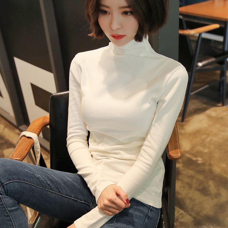 秋冬季新款韩版加绒T恤上衣 纯棉修身型高领打底内衣