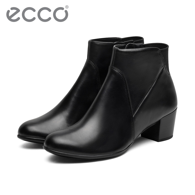ECCO爱步秋冬纯色粗跟牛皮短靴女 简约中跟侧拉链女靴 型塑35摩登273033