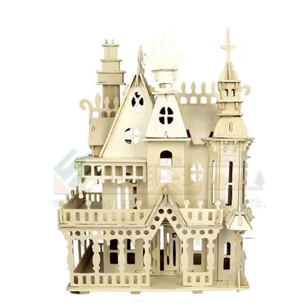 四联立体DIY建筑拼插模型 儿童木质益智拼图玩具 梦幻别墅5个