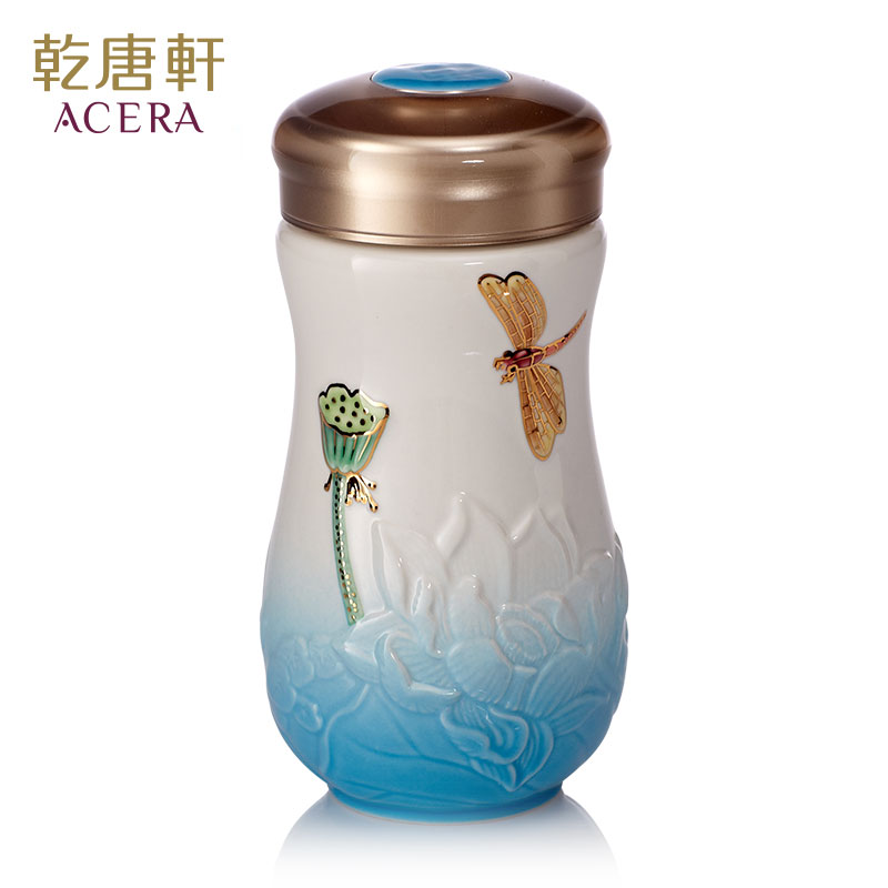 乾唐轩活瓷 彩绘鎏金小蜻蜓夏荷随身杯单层400ml 艺术陶瓷