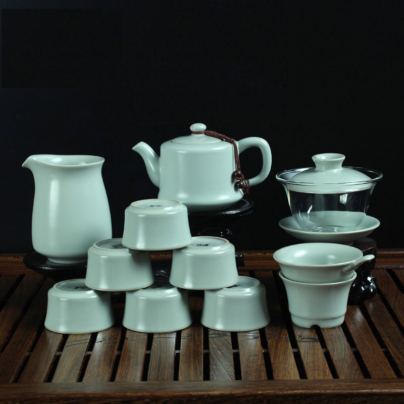 汝道 玻璃盖碗茶壶茶杯11入套装 冰裂陶瓷结婚茶器 可养开片汝瓷 