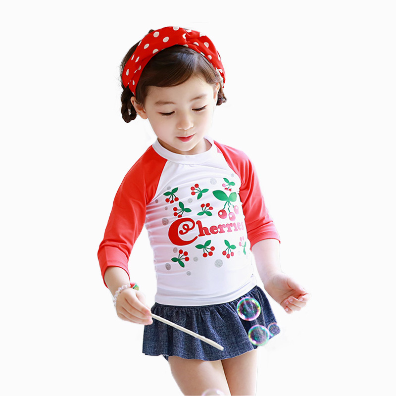 韩版 温泉儿童泳衣 女孩分体裙式樱桃宝宝长袖防晒游泳衣
