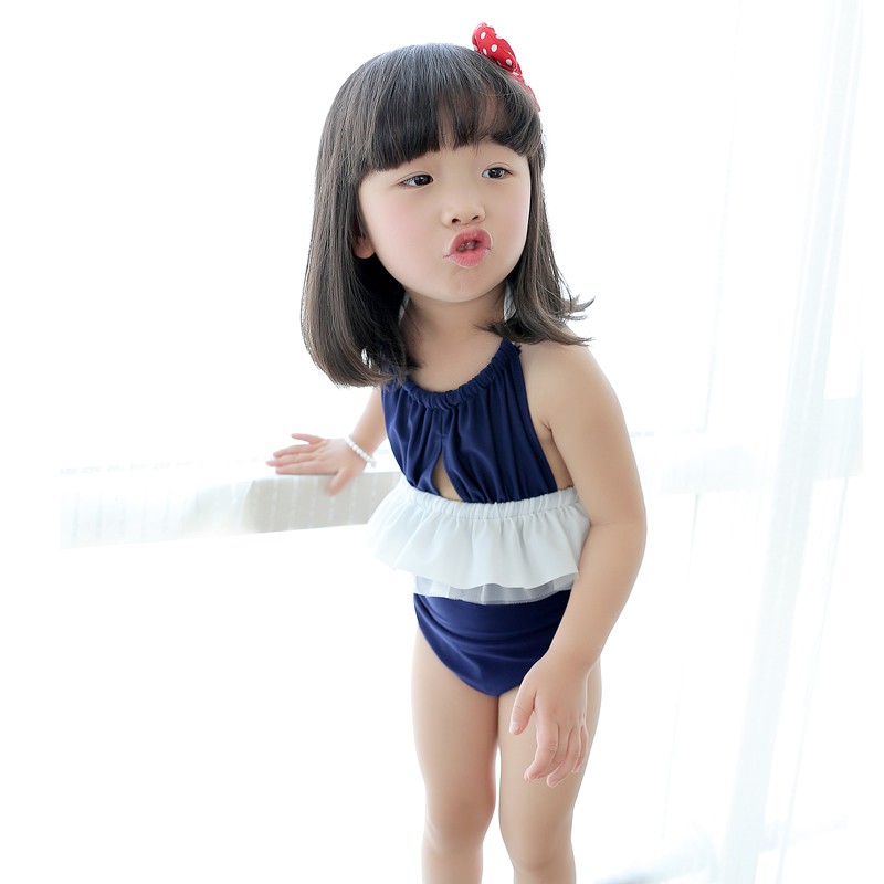 韩版新款外贸 女孩童裙式连体荷叶边比基尼 温泉泳衣配泳帽 