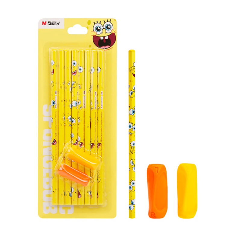 晨光 QWP35757 2B木杆铅笔木头可削铅笔套装海绵宝宝8支笔2个正姿握笔器