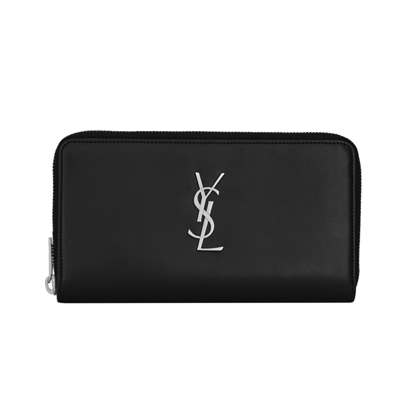 圣罗兰/Yves Saint laurent YSL大号字母标志黑色真皮拉链钱包