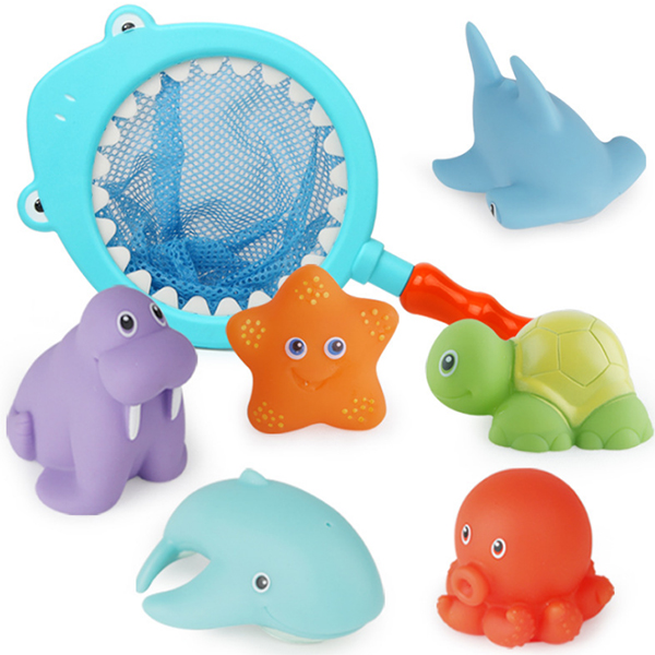 贝恩施宝宝洗澡儿童玩具动物喷水漂浮变色发声 网捞鲨鱼套装