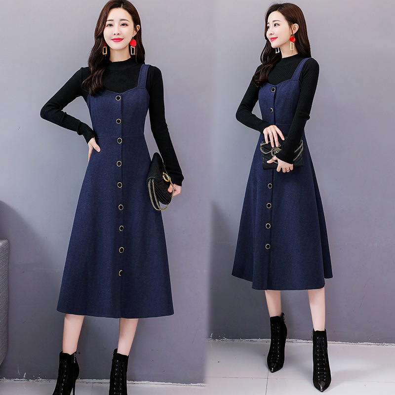女士秋冬季新款两件套连衣裙 韩版长袖针织打底衫加厚背带裙套装